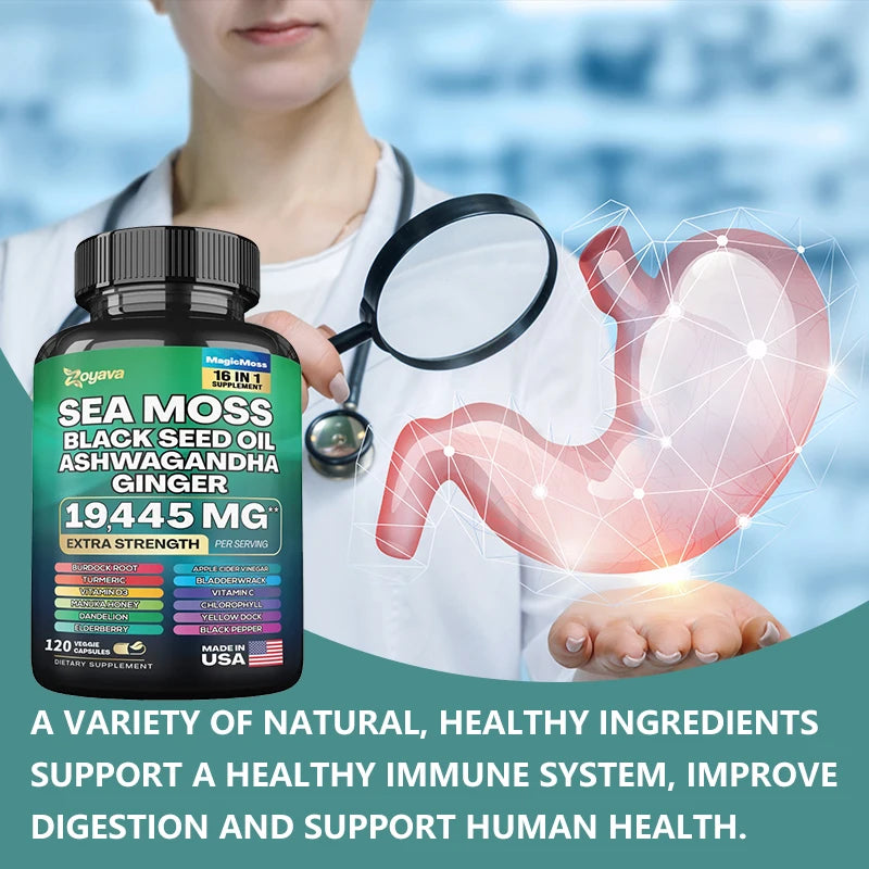 Sea Moss Black Seed Oil Ashwagandha Ginger Capsules for Energy, Immune Health - 120 Capsules