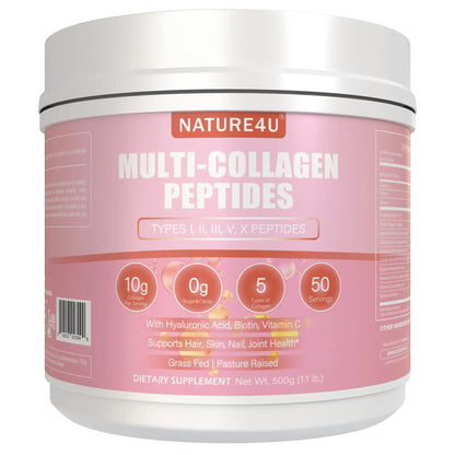 Nature4U Multi Collagen Peptides Powder with Biotin, Hyaluronic Acid,