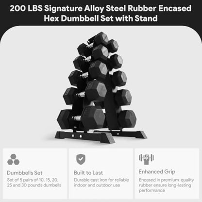 Rubber Coated Hex Dumbbell Set with A-Frame Rack Black