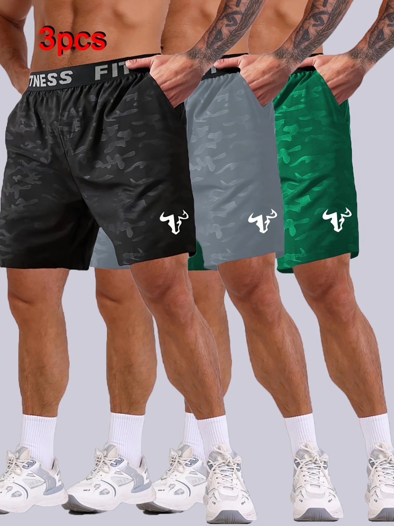 Men's  Bull Print Sports Shorts 3-Piece Set