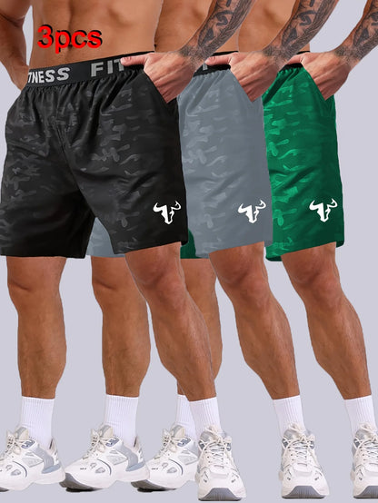 Men's  Bull Print Sports Shorts 3-Piece Set