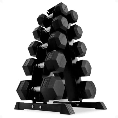 Rubber Coated Hex Dumbbell Set with A-Frame Rack Black