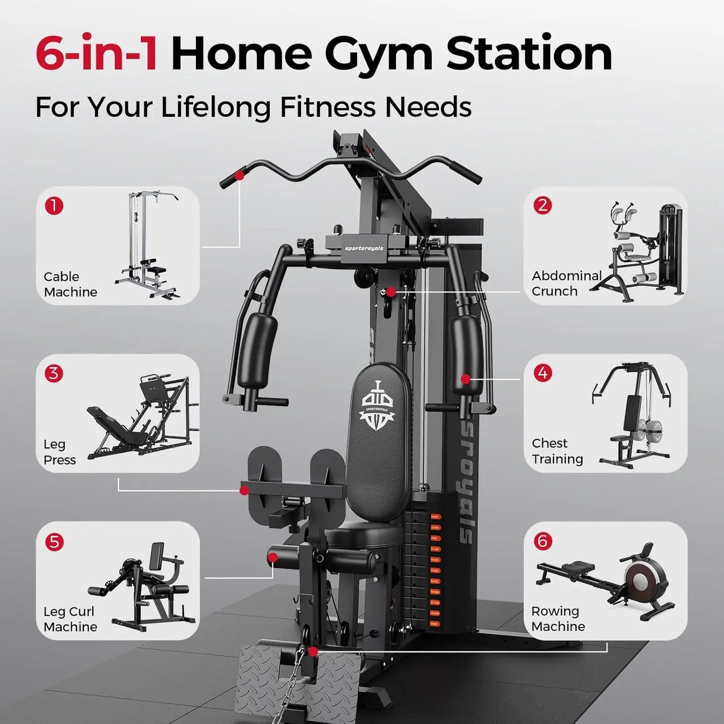 Sportsroyals Home Gym Equipment, 150LBS Weight Stack, Full Body Workout Machine with Pulley System