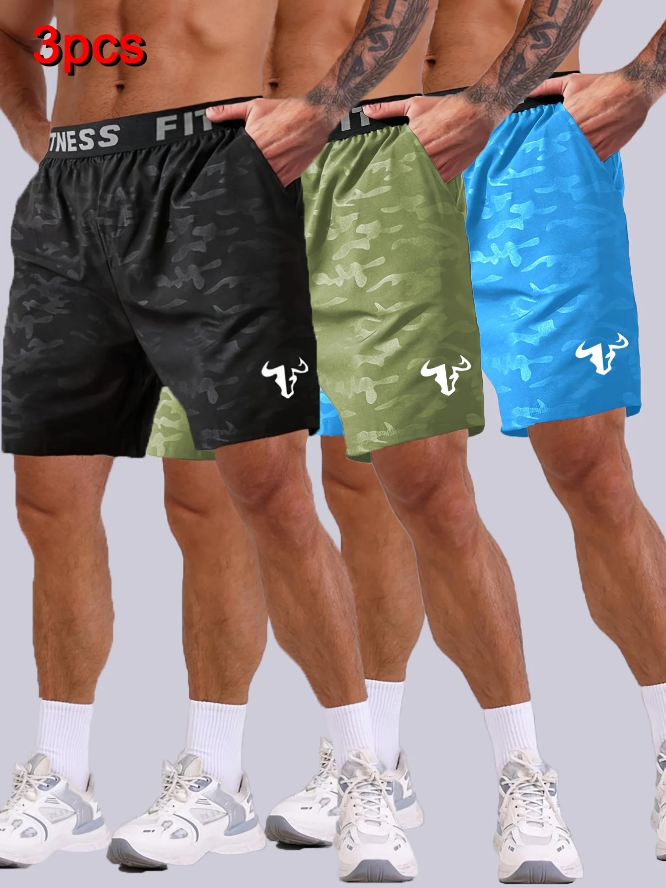 Men's  Bull Print Sports Shorts 3-Piece Set