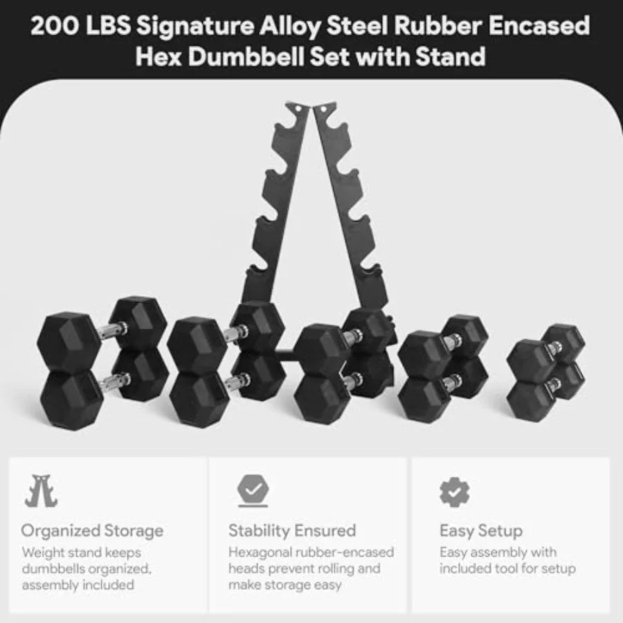 Rubber Coated Hex Dumbbell Set with A-Frame Rack Black
