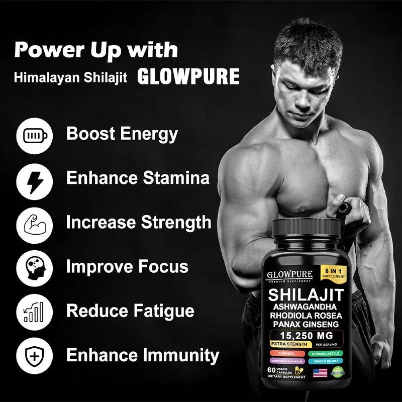 Shilajit 8-in-1 Supplement with Ginseng & Ashwagandha Supports Brain Memory Energy Immunity Focus Vitality 30/60 Capsules