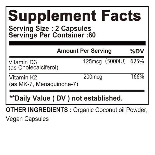 Vitamin D3 + K2 - Help Regulate Calcium Metabolism, Promote Bone, Teeth and Skin Health, Support Immunity - 120 Capsules