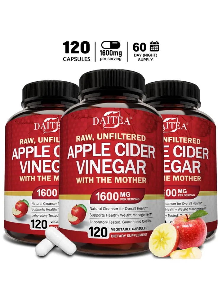 Daitea Raw Organic Apple Cider Vinegar - Gut Health, Digestion, Detox & Cleanse, Immune Supplement, Natural Vegetarian Capsules