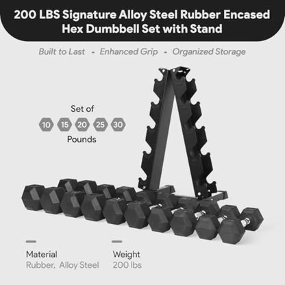 Rubber Coated Hex Dumbbell Set with A-Frame Rack Black