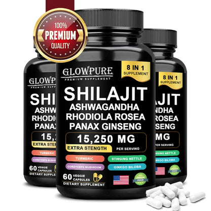 Shilajit 8-in-1 Supplement with Ginseng & Ashwagandha Supports Brain Memory Energy Immunity Focus Vitality 30/60 Capsules