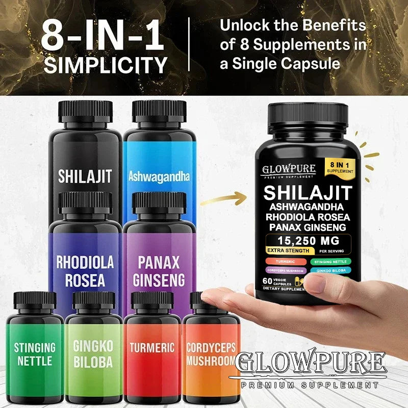 Shilajit 8-in-1 Supplement with Ginseng & Ashwagandha Supports Brain Memory Energy Immunity Focus Vitality 30/60 Capsules