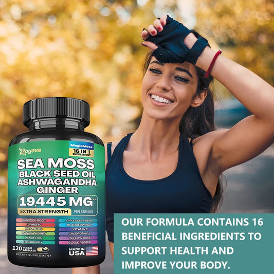 Sea Moss Black Seed Oil Ashwagandha Ginger Capsules for Energy, Immune Health - 120 Capsules