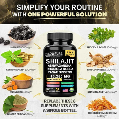 Shilajit 8-in-1 Supplement with Ginseng & Ashwagandha Supports Brain Memory Energy Immunity Focus Vitality 30/60 Capsules